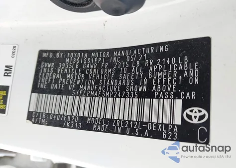 2021 Toyota Corolla Le from USA, damaged, VIN 5YFEPMAE5MP247335